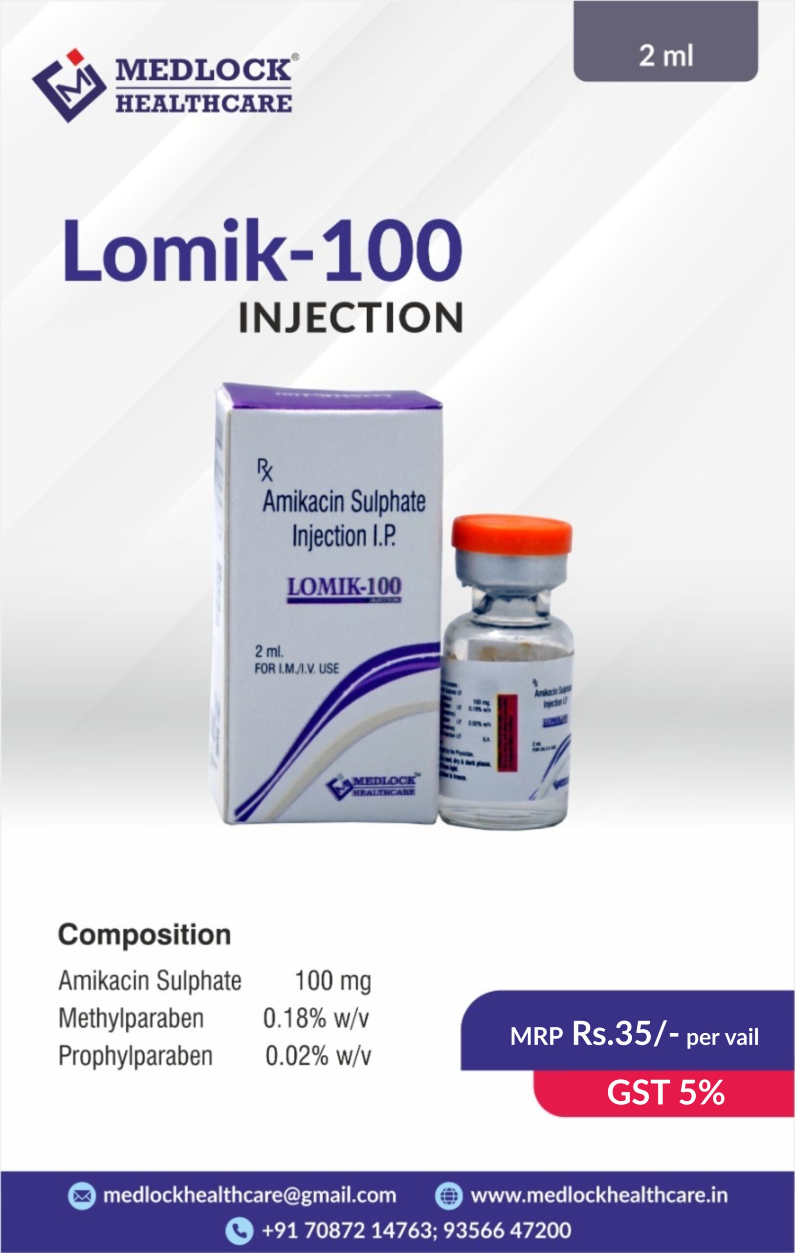 LOMIK-100 | AMIKACIN 100, METHYL PARABEN 0.18 % W/V, PROPYL PARABEN 0.02% W/V INJECTION