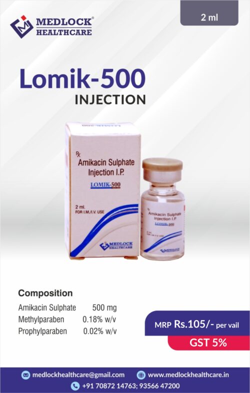 LOMIK-500 | AMIKACIN 500, METHYL PARABEN 0.18% W/V, PROPYL PARABEN 0.02% W/VINJECTION