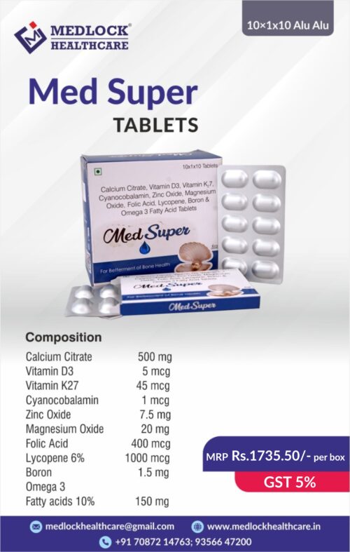 MED SUPER | Calcium Citrate-500 Mg.,Calcitriol-0.25 Mcg,Vitamin K2-7-45 Mcg, Methylcobalamin 1000 Mcg, Zinc Oxide Tablet